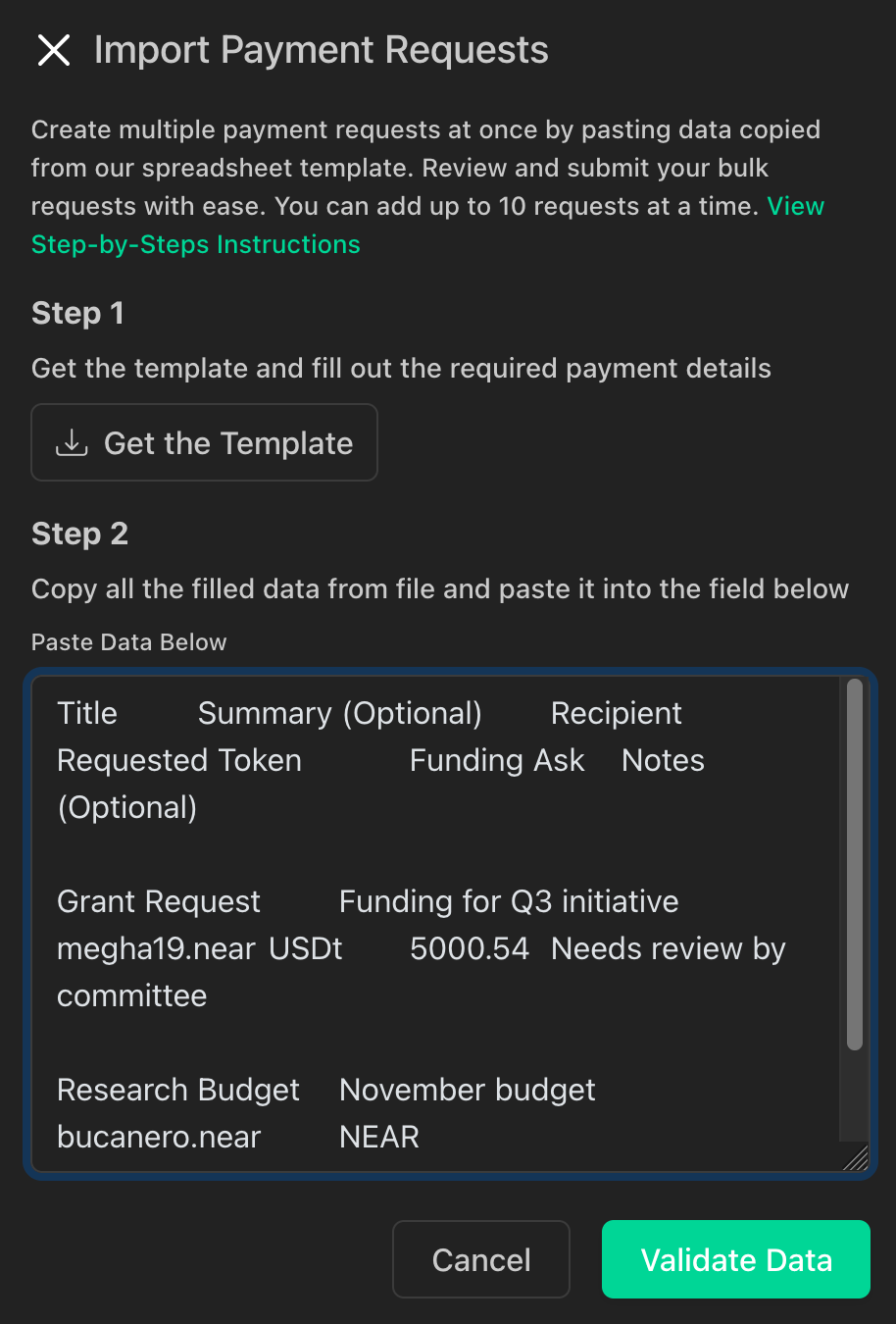 Import payment requests