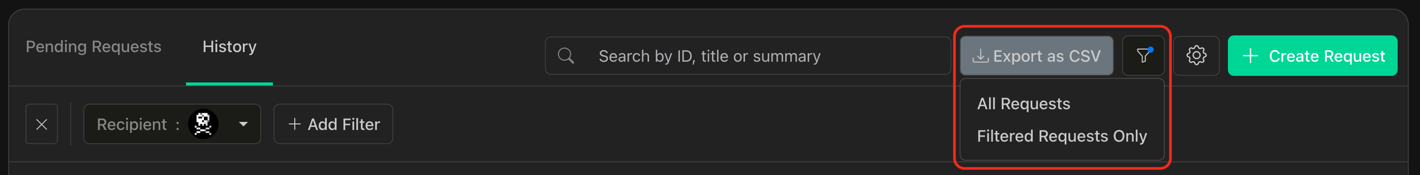 Export filtered payment requests